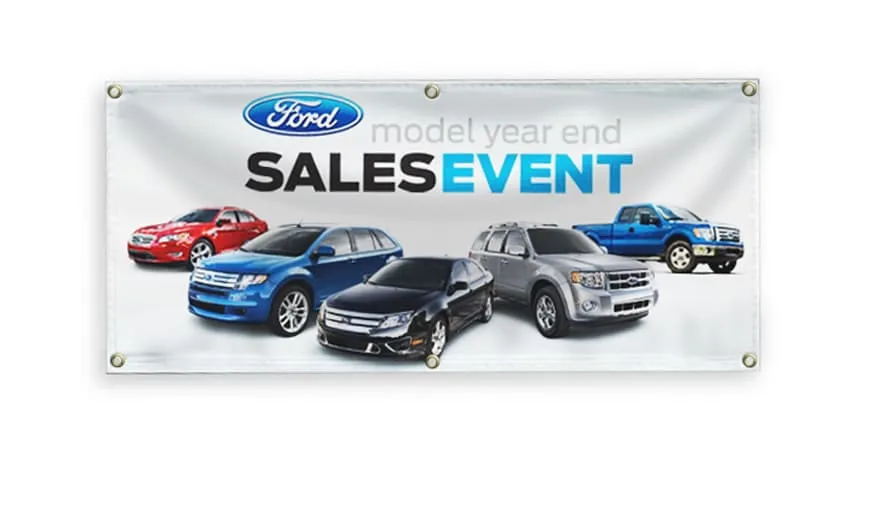Custom vinyl banner for Ford sales event with full color printing showing multiple vehicles