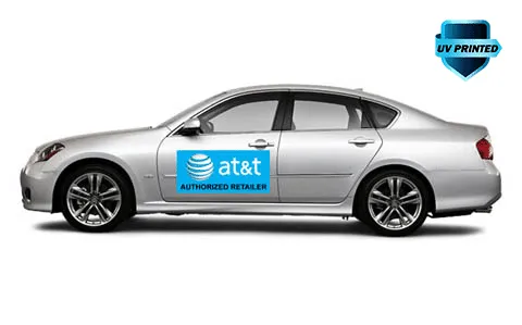 UV printed car magnet on silver sedan showing AT&T authorized retailer branding for mobile vehicle advertising