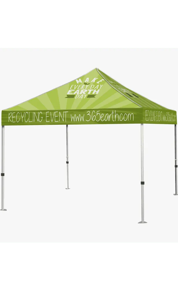 Custom branded green pop-up canopy tent for recycling event with printed valance showing event details