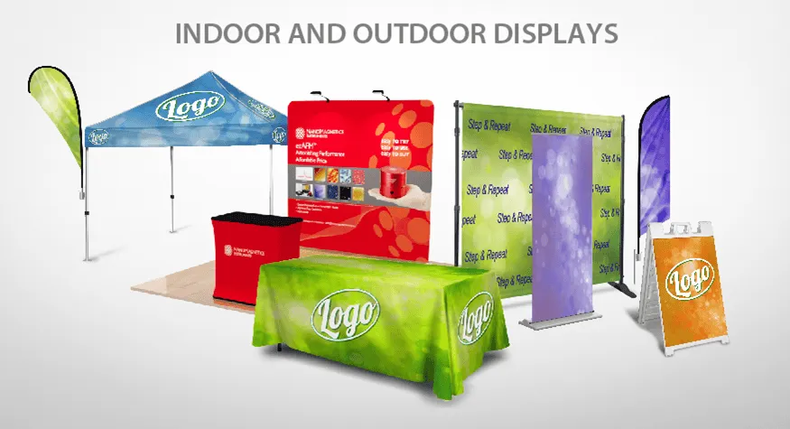 Indoor and outdoor custom sign displays including tents, banners, tablecloths, flags, and A-frame signs