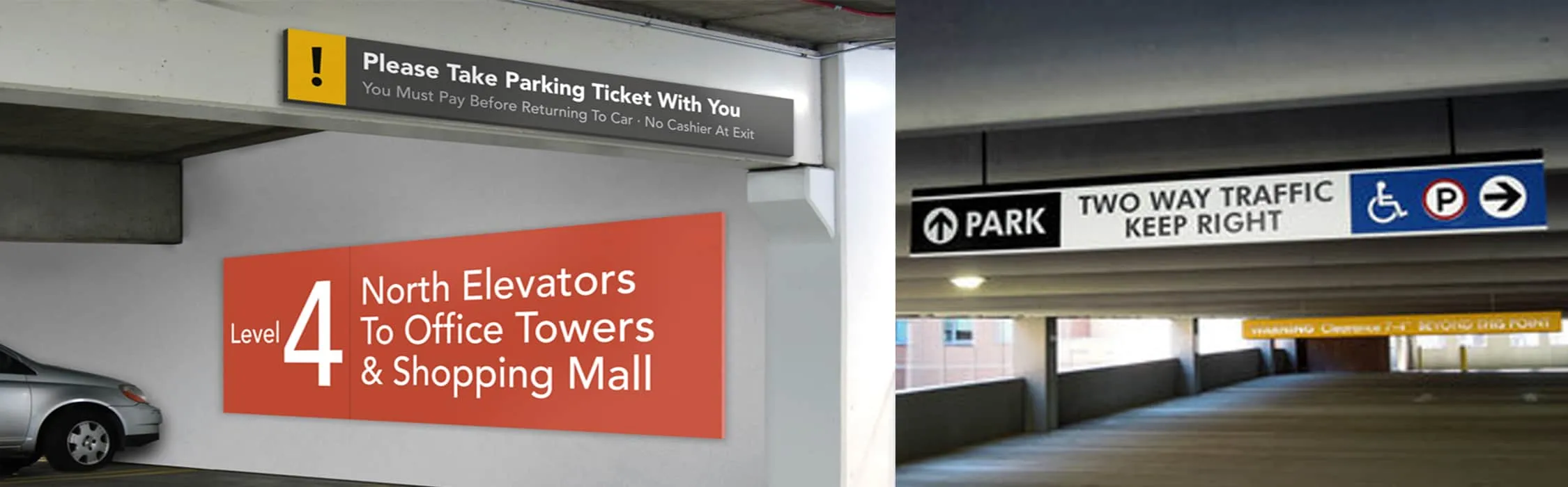 Professional parking garage wayfinding and directional signage including level markers, elevator directions, and traffic signs