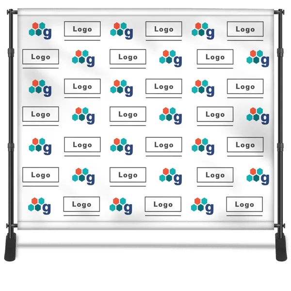 Professional retractable banner stand with step and repeat backdrop pattern for trade shows and events
