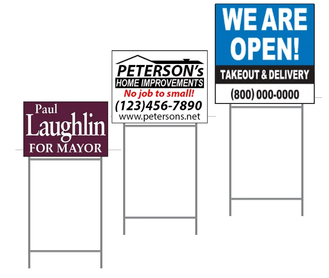 Custom yard signs in various sizes for political campaigns, real estate, and business promotions with metal H-frame stakes